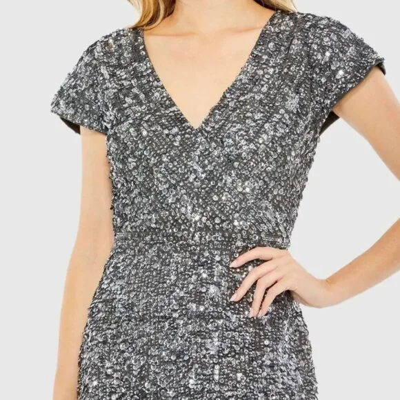 Mac Duggal Sequined Cap Sleeve Wrap Over Sheath Pencil Cocktail Dress Size 16 - Picture 2 of 2